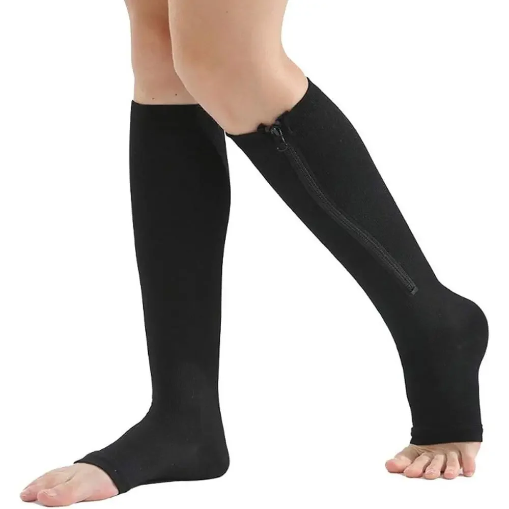 3 Pairs Zipper Compression Socks Women Open Toe Black L/XL